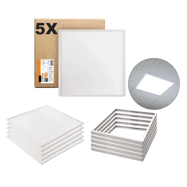 LED Panel 60x60 - 5-Pak - 4000K - 4000lm - 40W - NIRA - Inkl. Påbygningsramme - Hvid